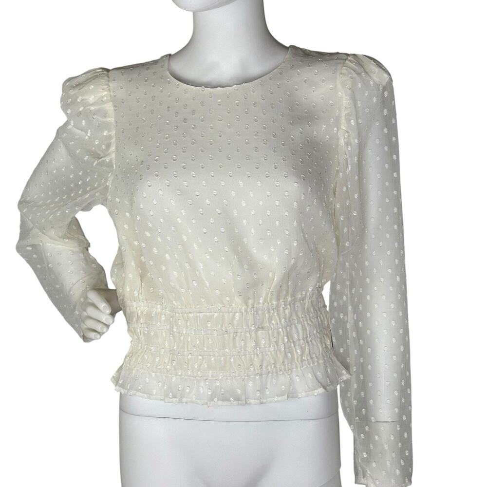 NWT Express Top Swiss Dot Long Sheer Puff Sleeves Smocked Waist Ivory Size M
